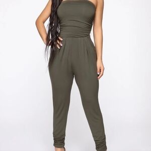 Heart And Hips Strapless Jumpsuit Olive Green 2X Pockets